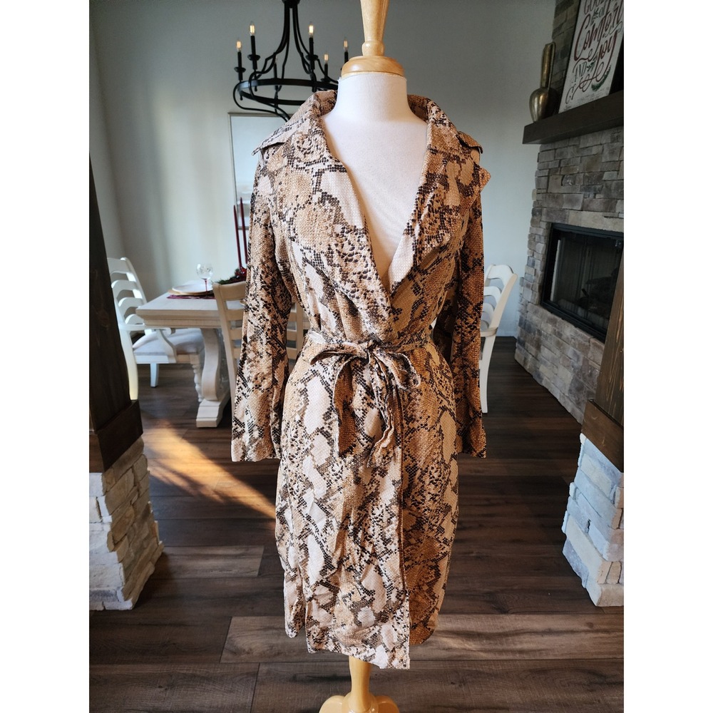 Snake Print Kimono Jacket Duster Wrap Belted Boho Tan Black Women's Large